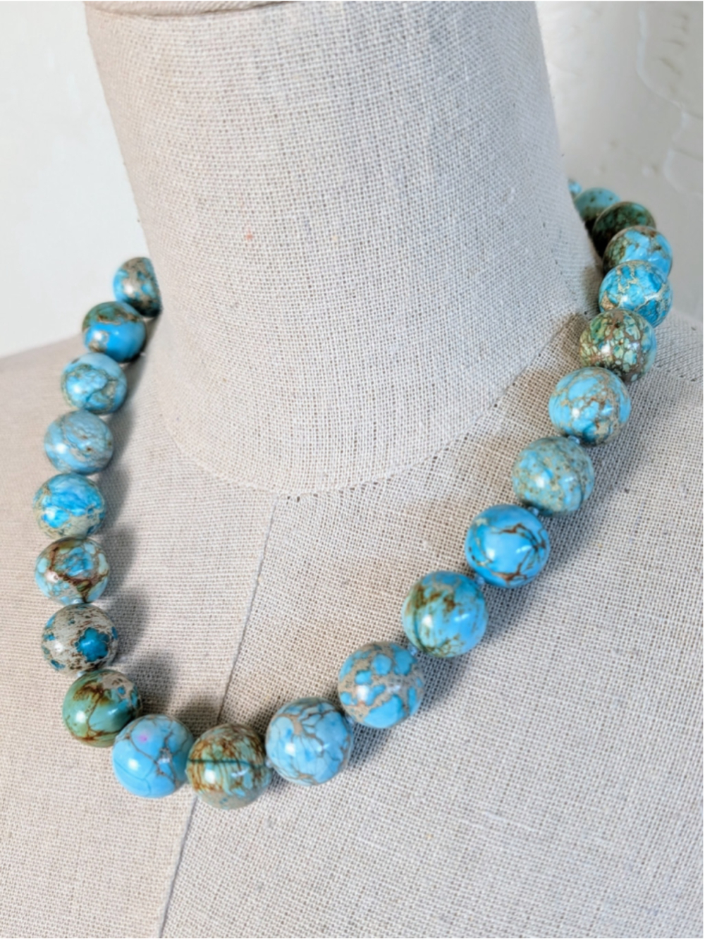 Chunky Turquoise Look Matrix Bead Necklace 19.5in Blue Boho Statement 140g